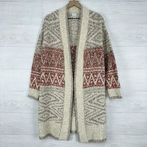 Joie Open Front Longline Cardigan Women S Nordic Knit Cream Red Cozy Fair Isle